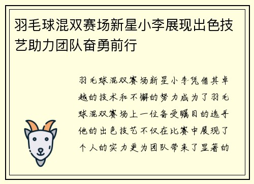 羽毛球混双赛场新星小李展现出色技艺助力团队奋勇前行