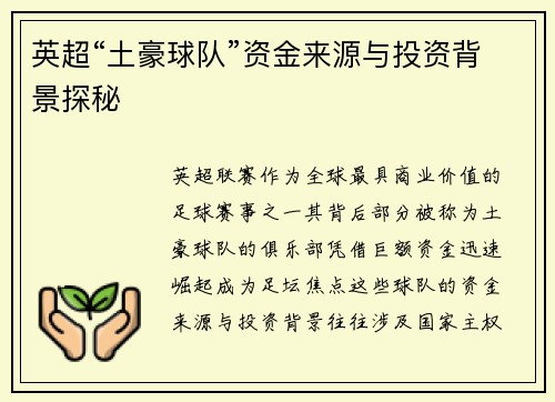 英超“土豪球队”资金来源与投资背景探秘