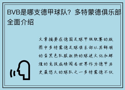 BVB是哪支德甲球队？多特蒙德俱乐部全面介绍